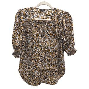 Ann Taylor Factory Womens Ditsy Floral V Neck 3/4 Puff Sleeve Blouse Top Small